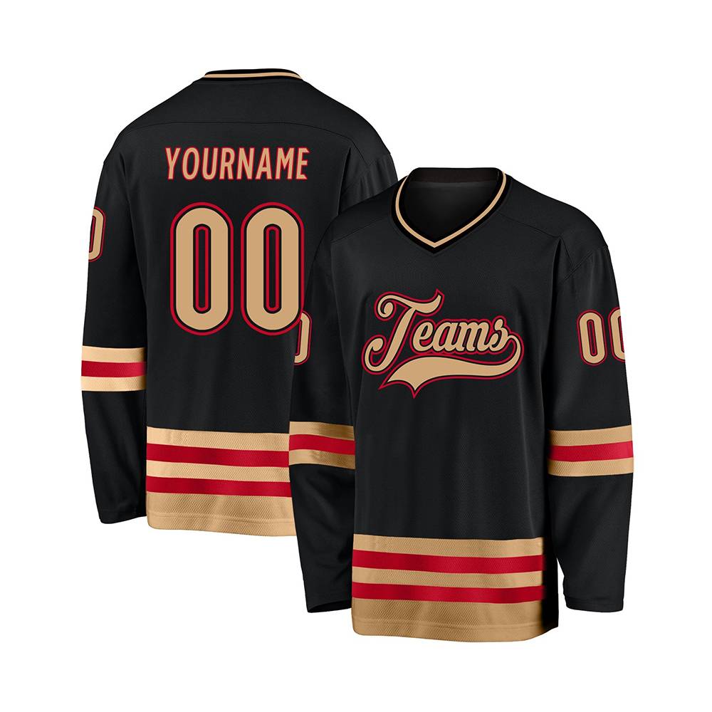 Custom Black Gold-Red Hockey Jersey