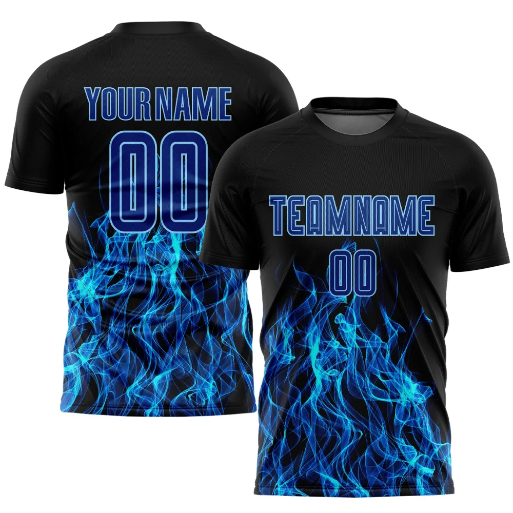 Custom Black-Light Blue Flame Sublimation Soccer Jersey