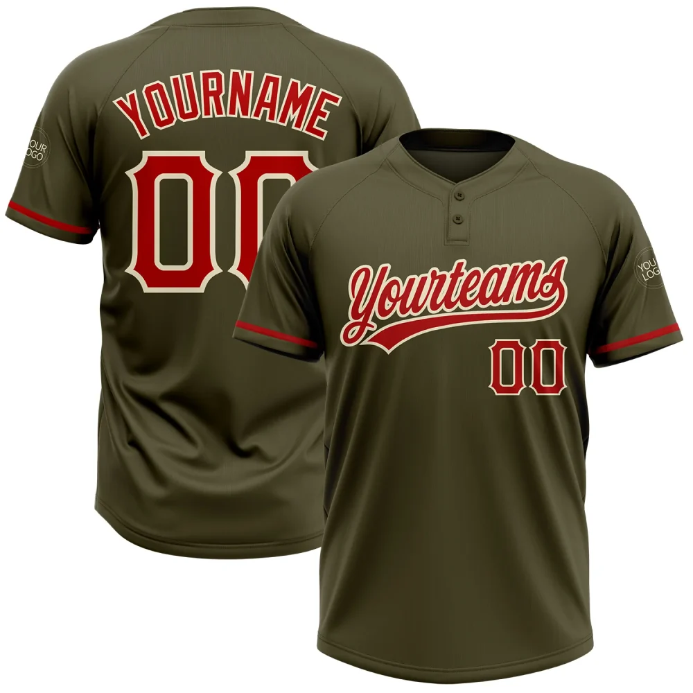 Custom Olive Red-Cream Two-Button Unisex Softball Jersey